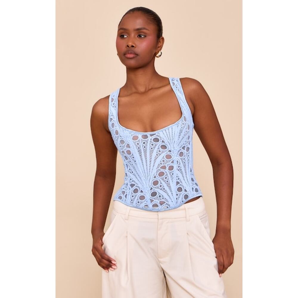 Like New PrettyLittleThing Blue Textured Sheer Square Neck Corset Size US 8